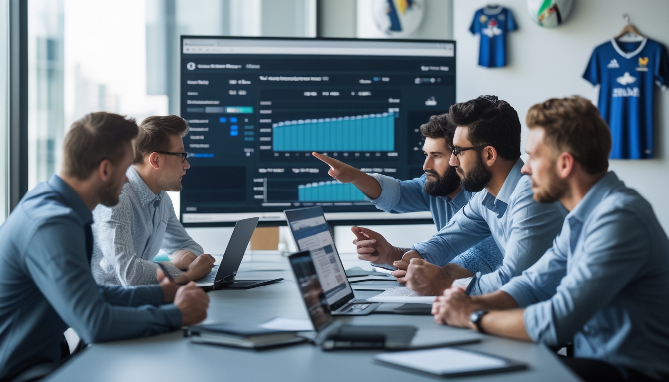 Sekelompok analis olahraga sedang memeriksa statistik tim rugby di layar digital dalam ruang kantor modern.