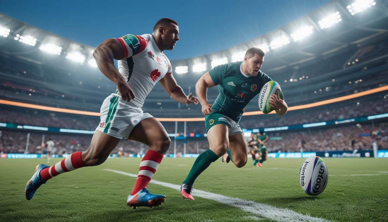 Dua pemain rugby sedang beraksi di lapangan stadion besar dengan penonton ramai di latar belakang.