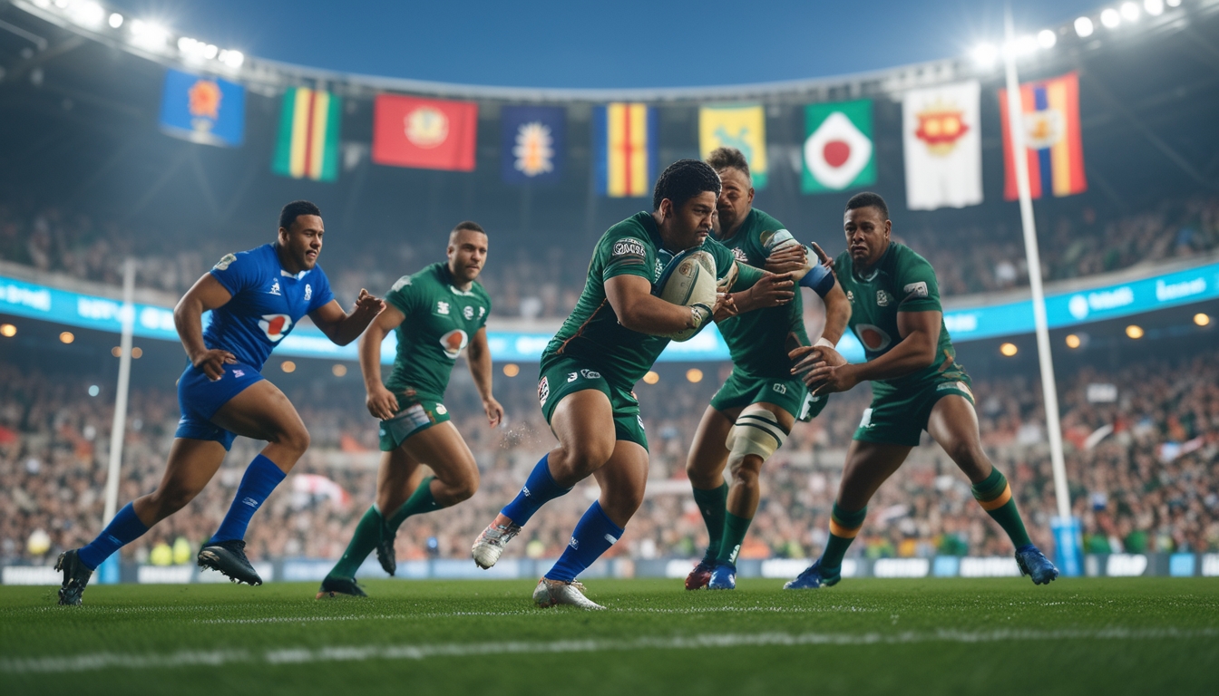 Para pemain rugby sedang bertanding di lapangan hijau dengan penonton di latar belakang dalam pertandingan internasional.