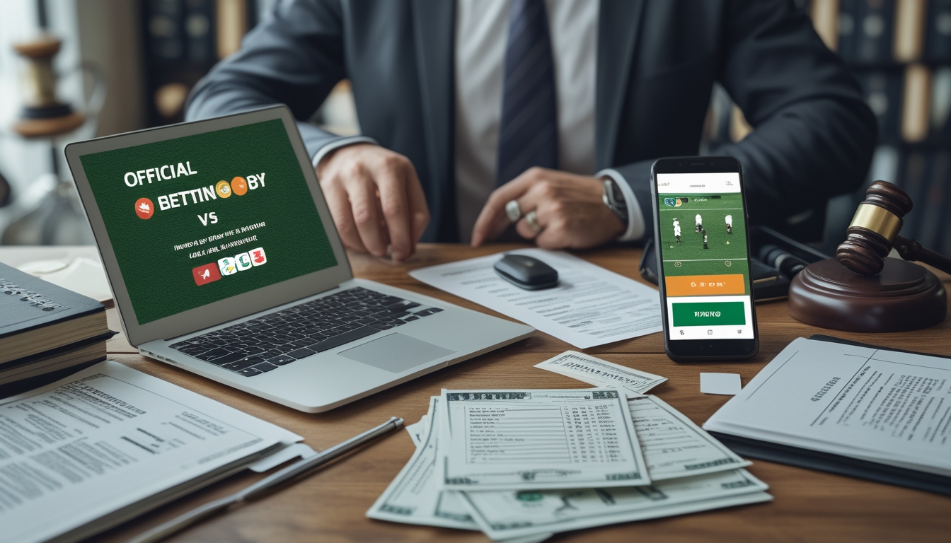 Seseorang sedang menganalisis dokumen hukum dengan laptop yang menampilkan pertandingan rugby dan aplikasi taruhan, di meja terdapat slip taruhan fisik dan uang tunai.