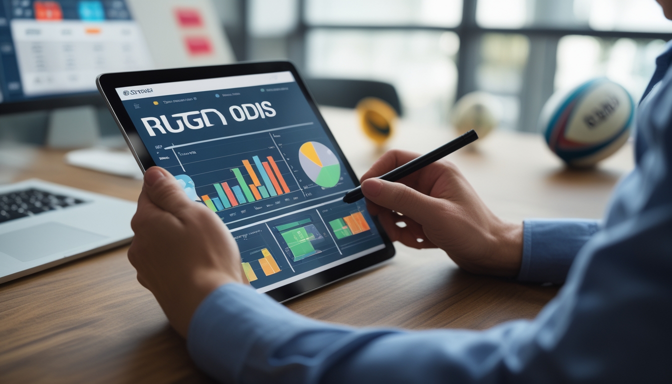 Seseorang sedang menganalisis peluang taruhan rugby menggunakan tablet di sebuah kantor modern.