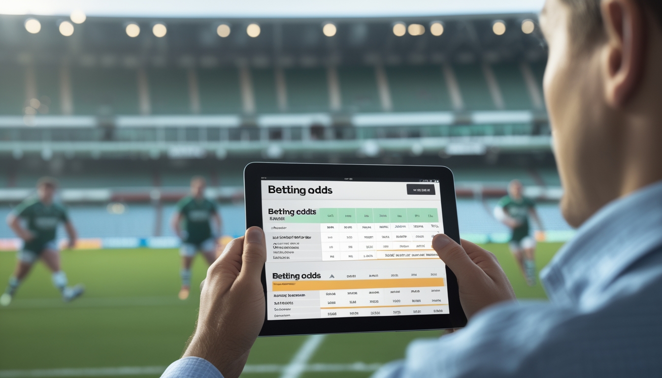 Seseorang sedang melihat layar perangkat digital yang menampilkan statistik dan peluang taruhan rugby dengan latar belakang stadion rugby dan pemain yang sedang bermain.