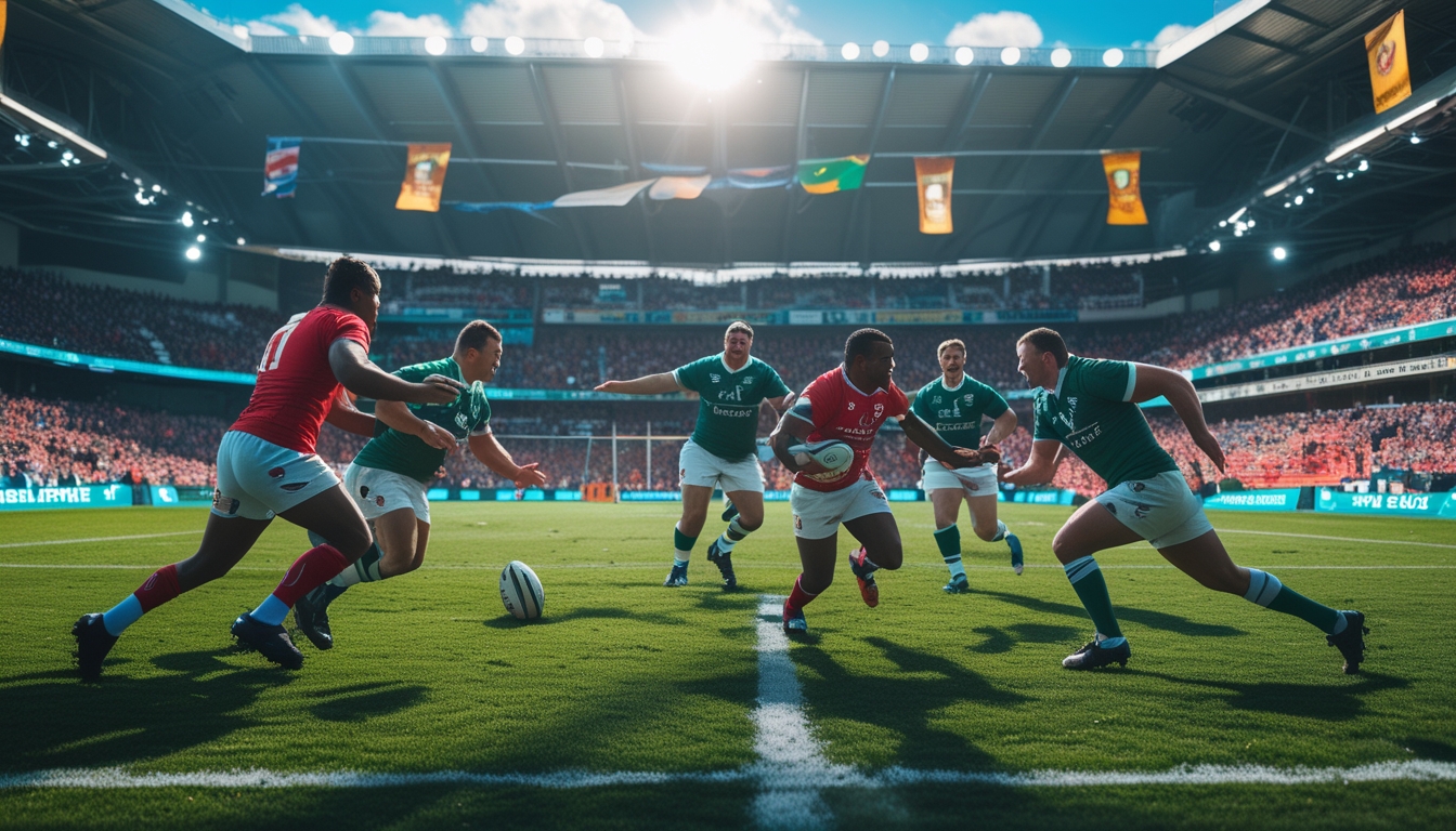 Pertandingan rugby sedang berlangsung di lapangan hijau dengan pemain yang beraksi dan penonton di stadion yang penuh semangat.