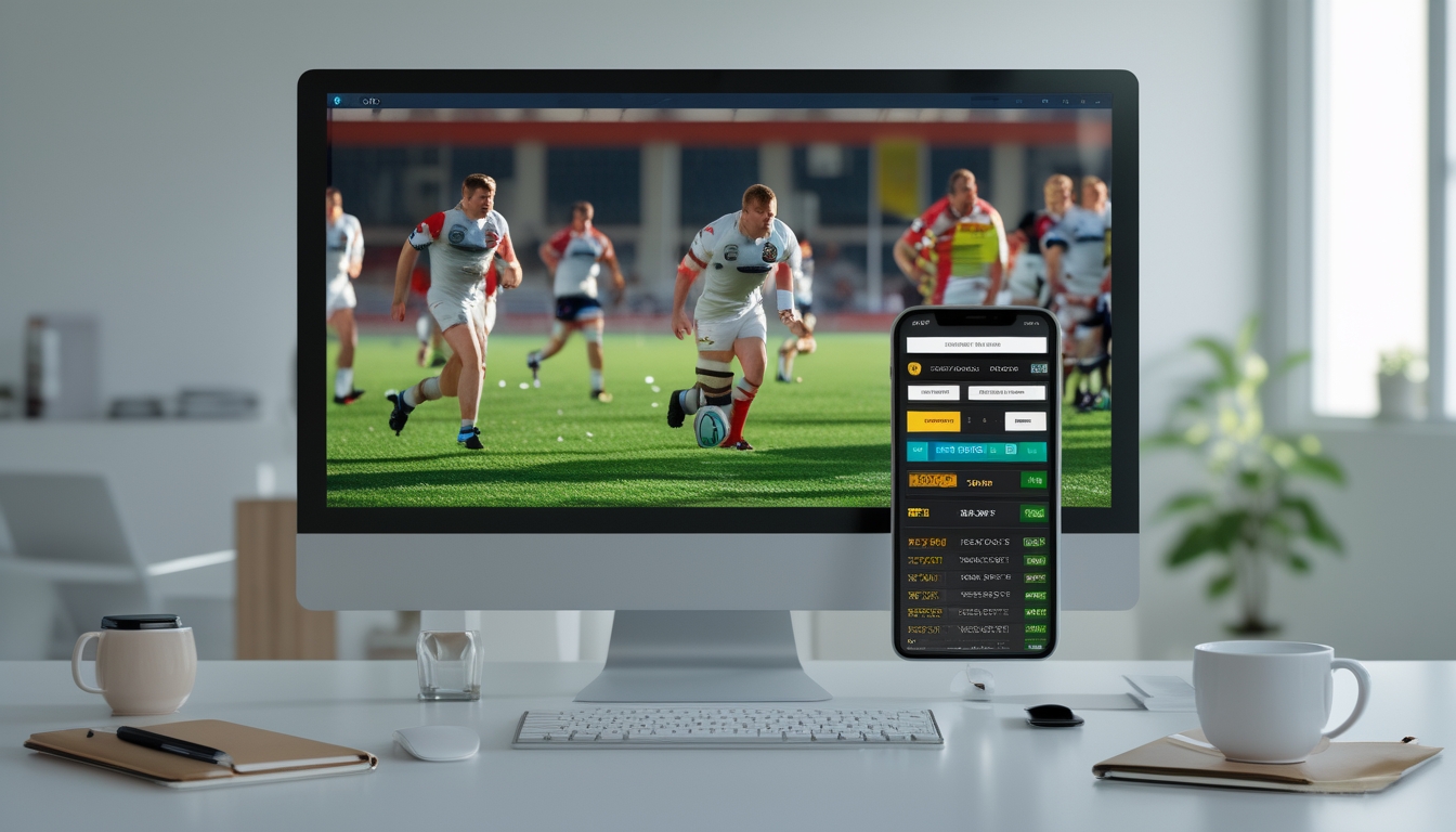 Meja kerja modern dengan komputer menampilkan pertandingan rugby dan ponsel yang menunjukkan aplikasi taruhan rugby dengan tawaran bonus.