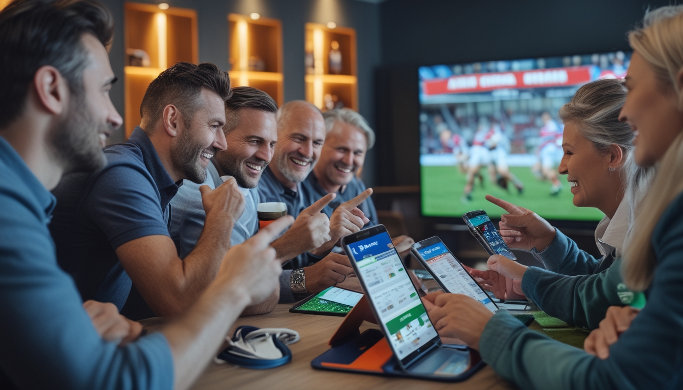 Sekelompok orang sedang menonton pertandingan rugby secara langsung dan menggunakan perangkat elektronik untuk memasang taruhan di ruang yang terang dan modern.