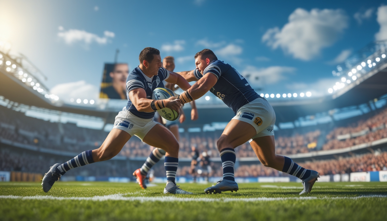 Dua pemain rugby sedang beraksi di lapangan dengan penonton di latar belakang stadion yang penuh semangat.