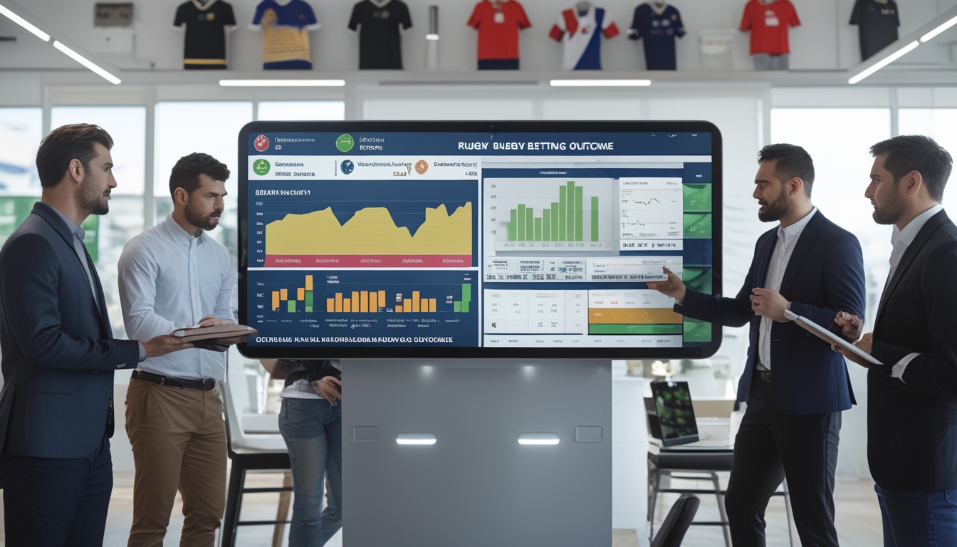 Sekelompok analis dan pelatih sedang melihat data statistik pemain dan kekuatan tim rugby di sebuah meja layar sentuh digital.