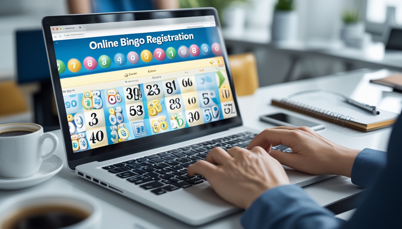 Seseorang mengetik di laptop yang menampilkan permainan bingo online di meja kerja yang rapi dan terang.