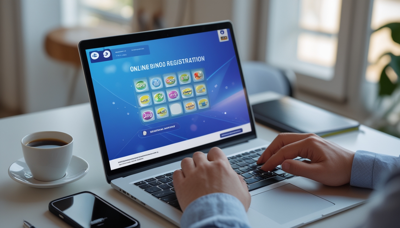 Seseorang menggunakan laptop di meja kerja dengan layar menampilkan permainan bingo online, dikelilingi oleh cangkir kopi, ponsel, dan buku catatan.