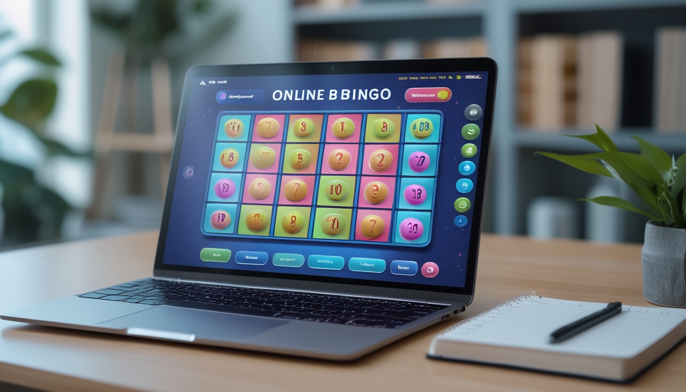 Meja kerja modern dengan laptop yang menampilkan permainan bingo online, buku catatan dengan pena, dan latar belakang rak buku serta tanaman kecil.