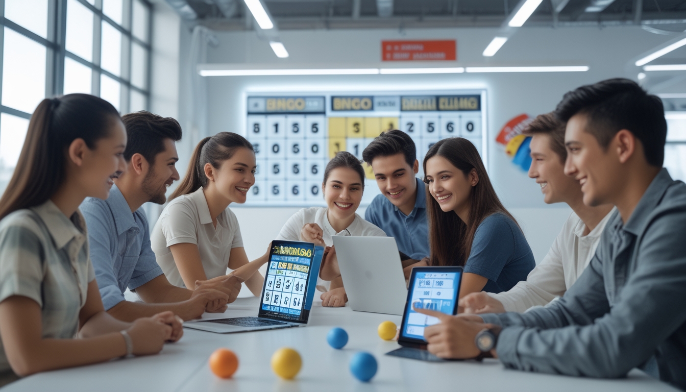 Sekelompok orang muda sedang belajar bermain bingo online di sebuah kantor dengan suasana ramah dan fokus.