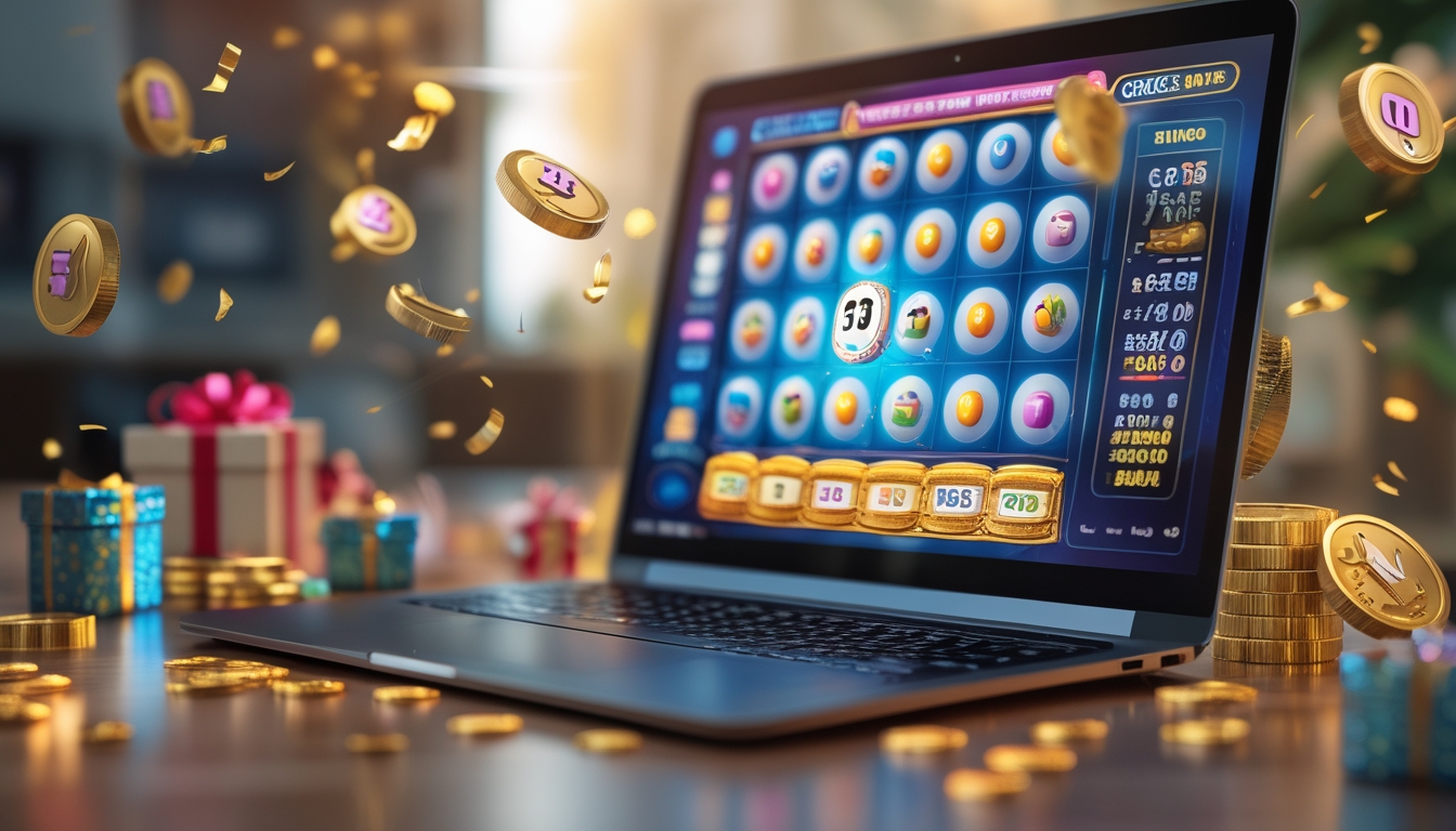 Seorang pengguna bermain bingo online di depan komputer dengan kartu bingo berwarna-warni dan elemen hadiah di sekitar meja.