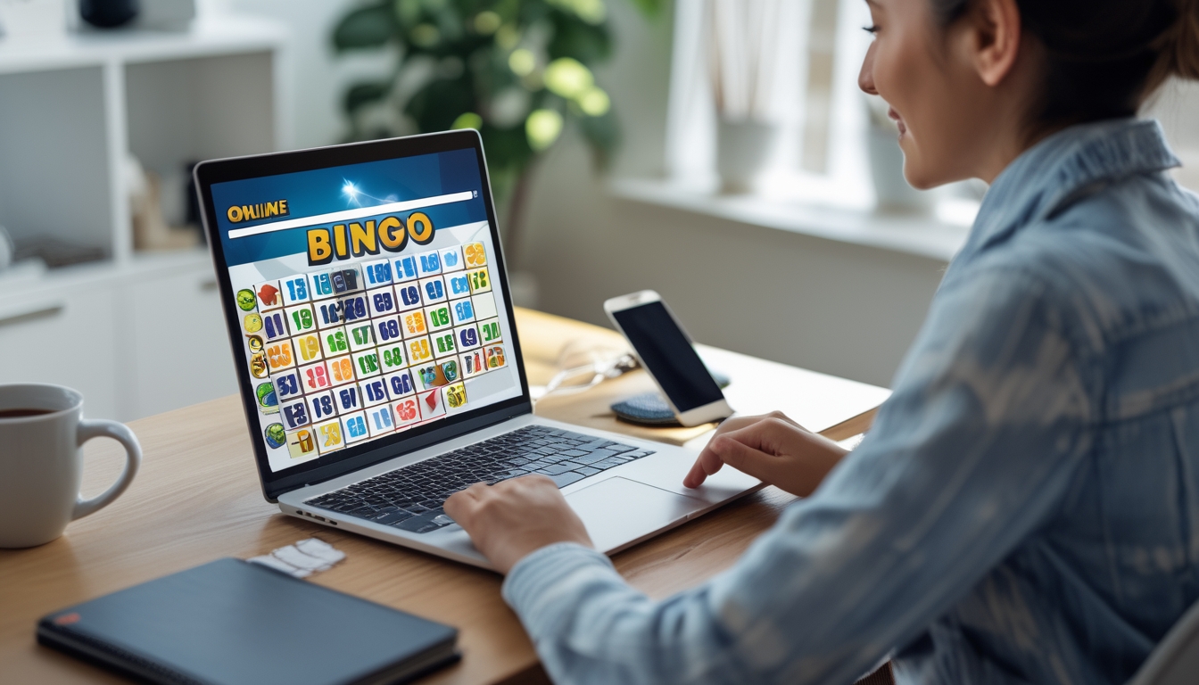 Seseorang sedang bermain permainan bingo online menggunakan laptop di ruang tamu yang nyaman.