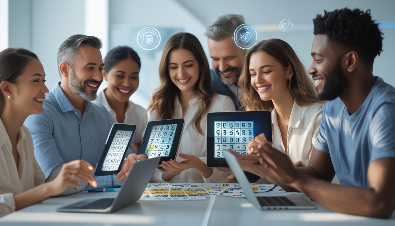 Beberapa orang bermain bingo online menggunakan tablet dan laptop di ruangan modern yang terang dan aman.