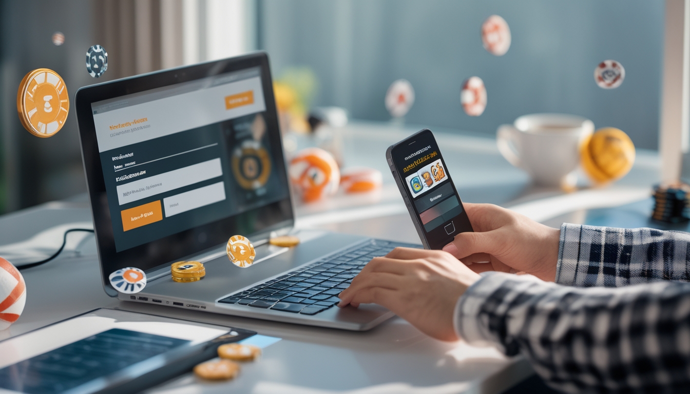 Meja kerja dengan laptop dan ponsel yang menampilkan proses pendaftaran akun bingo online, dengan tangan seseorang sedang mengetik.
