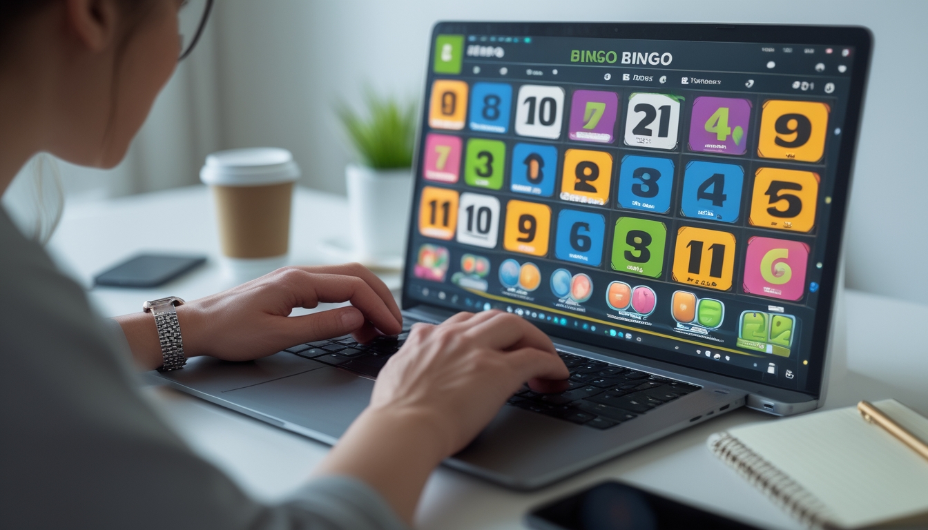 Seseorang menggunakan komputer dengan permainan bingo online terlihat di layar di meja kerja yang rapi dan terang.