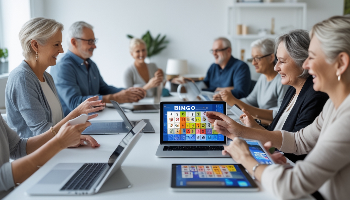 Beberapa orang dewasa sedang bermain bingo online menggunakan laptop dan ponsel di ruangan yang terang dan nyaman.