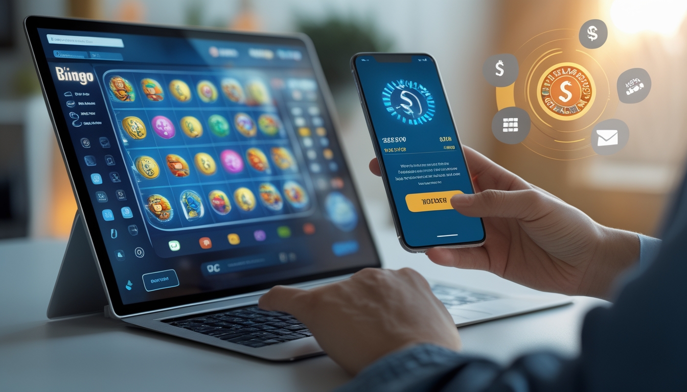 Seseorang menggunakan laptop dan ponsel untuk bermain bingo online dengan proses deposit yang cepat dan mudah.