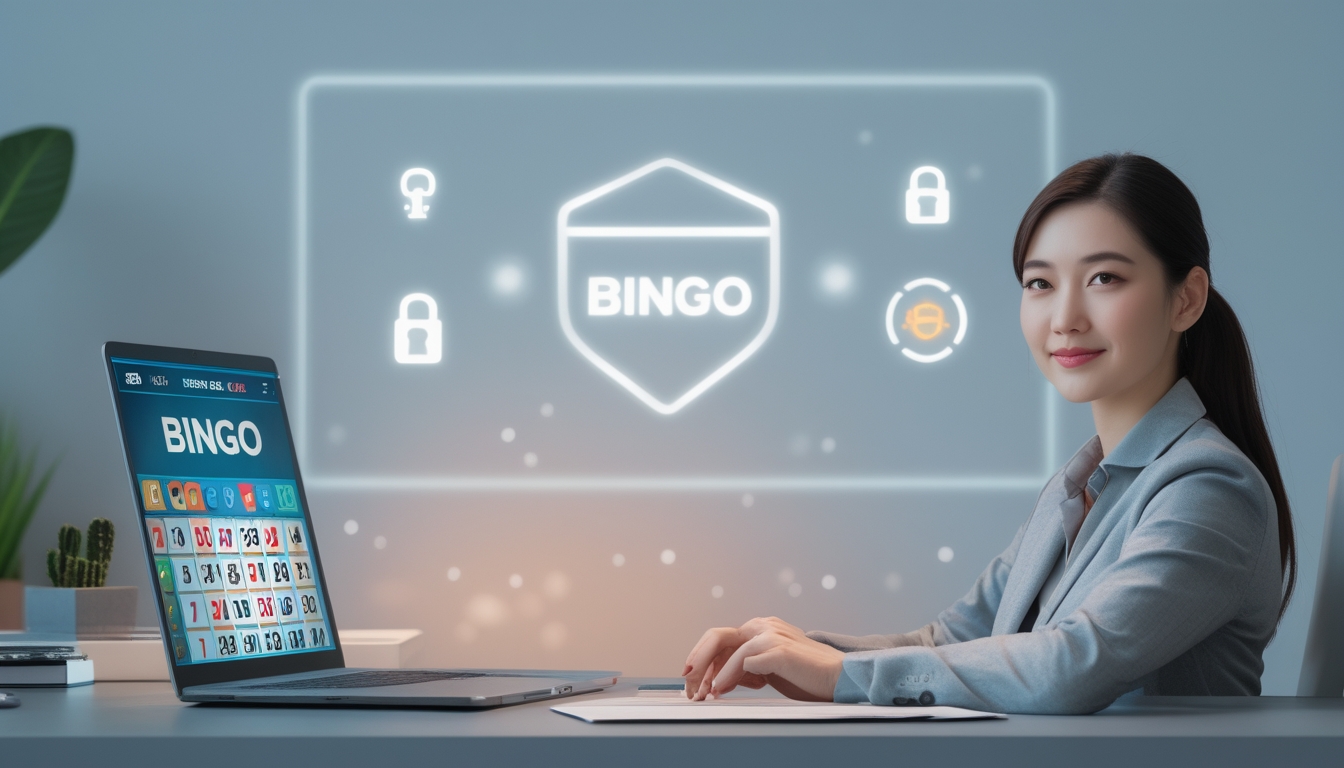 Seseorang duduk di depan laptop dengan tampilan permainan bingo online, di sampingnya ada ponsel yang menunjukkan konfirmasi deposit cepat.