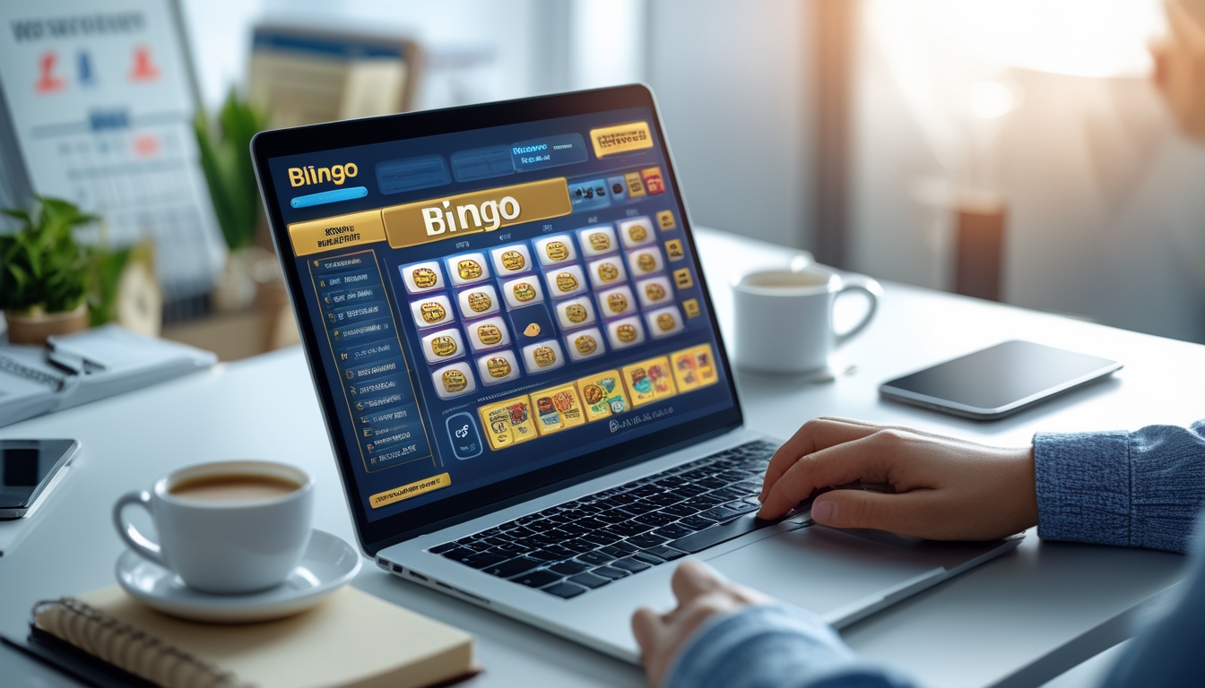 Seseorang menggunakan laptop di meja kerja dengan tampilan permainan bingo di layar, menunjukkan suasana aman dan percaya diri dalam memilih situs bingo online.