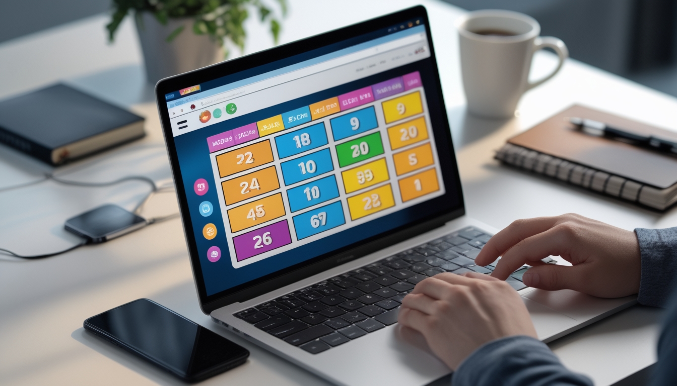 Seorang pengguna sedang menggunakan laptop dengan tampilan permainan bingo online di meja kerja yang rapi dan terang.