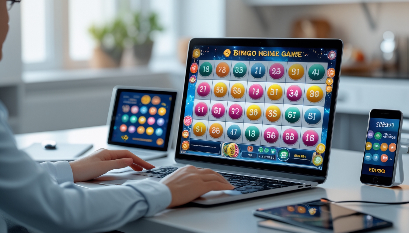 Seorang pengguna bermain bingo online di laptop dengan layar permainan bingo berwarna-warni dan ponsel yang menampilkan aplikasi pembayaran di meja kerja yang rapi.
