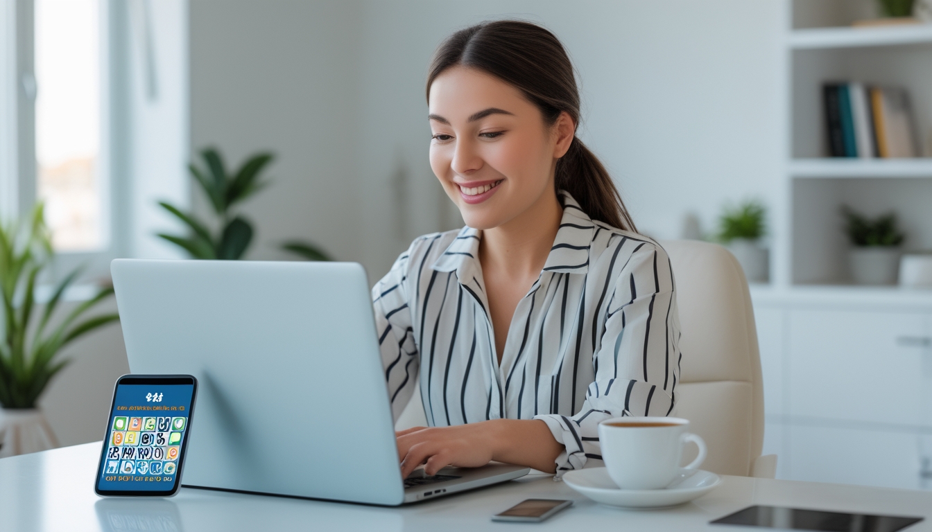 Seorang wanita muda duduk di meja dengan laptop dan ponsel, tersenyum saat mendaftar permainan bingo online di ruangan yang terang dan rapi.