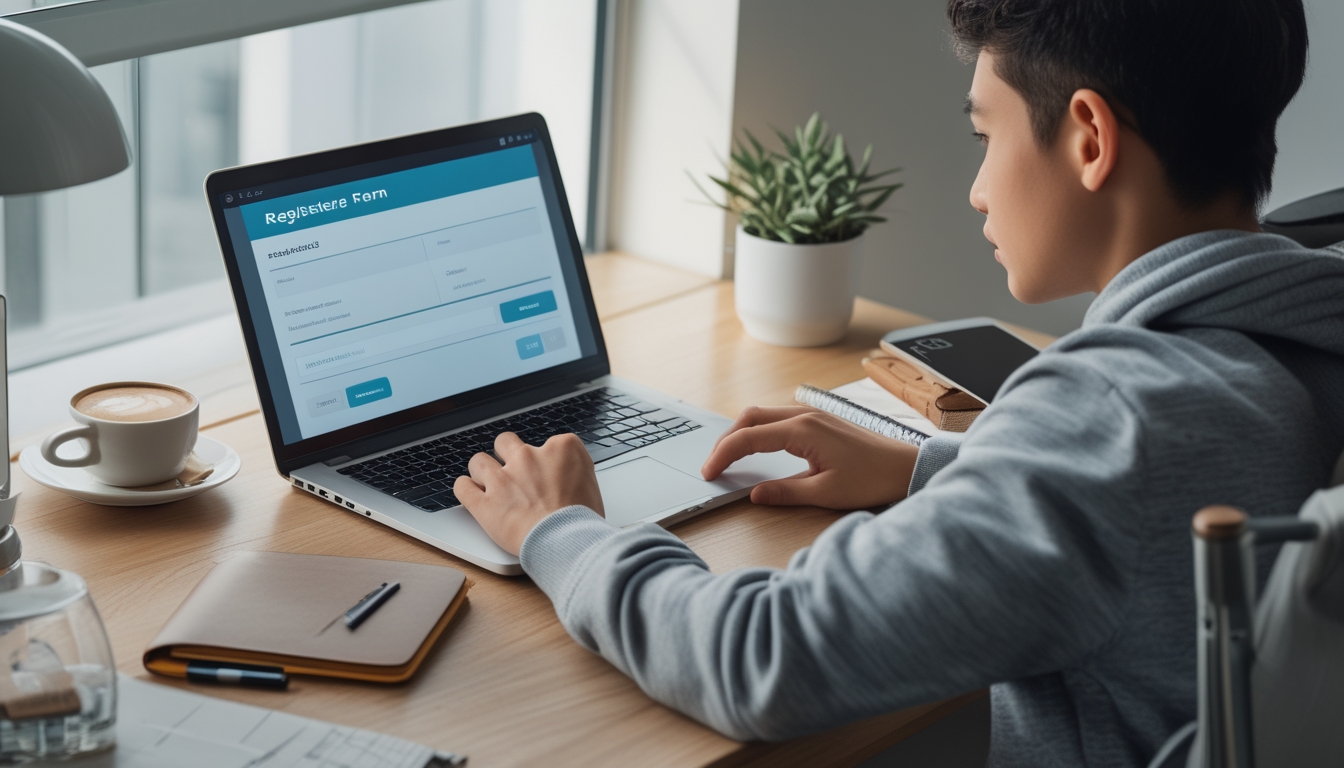 Seorang dewasa muda duduk di meja kerja dengan laptop dan ponsel, tampak fokus mempersiapkan pendaftaran permainan bingo online.