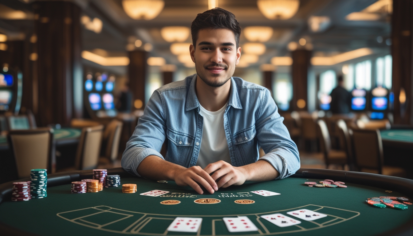 Seorang dewasa muda duduk di meja blackjack di kasino dengan kartu dan chip poker, tampak fokus dan percaya diri.