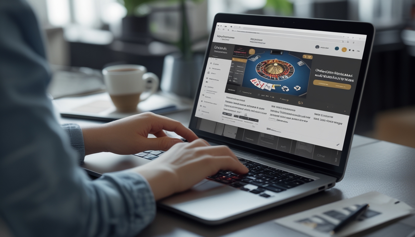 Seseorang menggunakan laptop dengan permainan blackjack online di layar di lingkungan kerja yang rapi dan terang.
