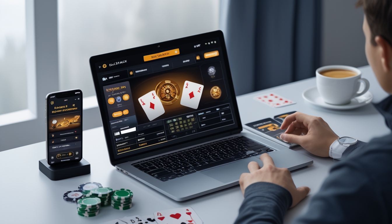 Seorang pemain blackjack online menggunakan laptop dan ponsel di meja dengan chip poker dan kartu remi.