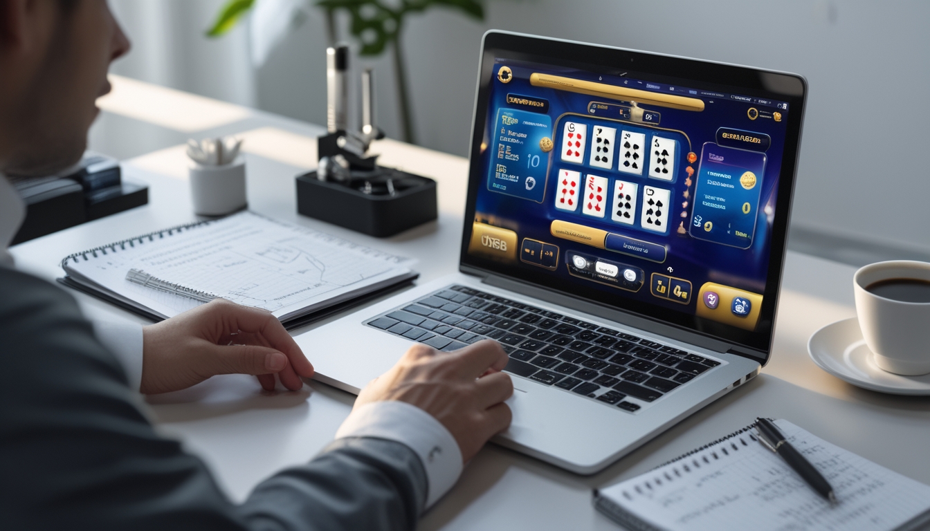 Seorang pemain blackjack online sedang bermain di depan komputer dengan catatan strategi di meja yang rapi.