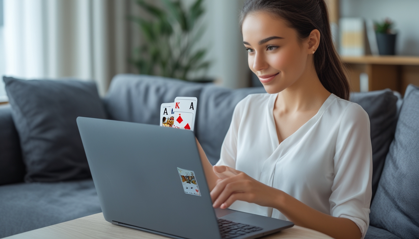 Seorang wanita muda sedang bermain blackjack online di laptop di ruang tamu yang nyaman dan modern.