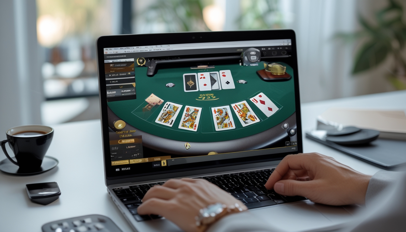 Seseorang bermain blackjack online menggunakan laptop di meja kerja dengan suasana yang nyaman dan terang.
