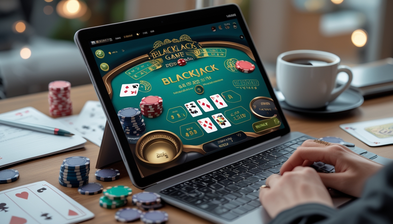 Seorang pemain baru sedang bermain blackjack online di laptop dengan kartu dan chip poker di meja.