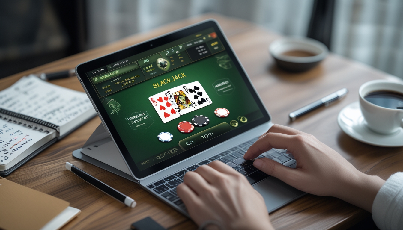 Sebuah perangkat digital menampilkan permainan blackjack online dengan kartu dan chip, dikelilingi oleh buku catatan dan kopi di atas meja.