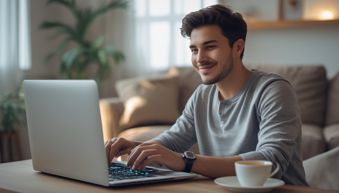 Seorang dewasa muda santai bermain blackjack online di laptop di ruang tamu yang nyaman.