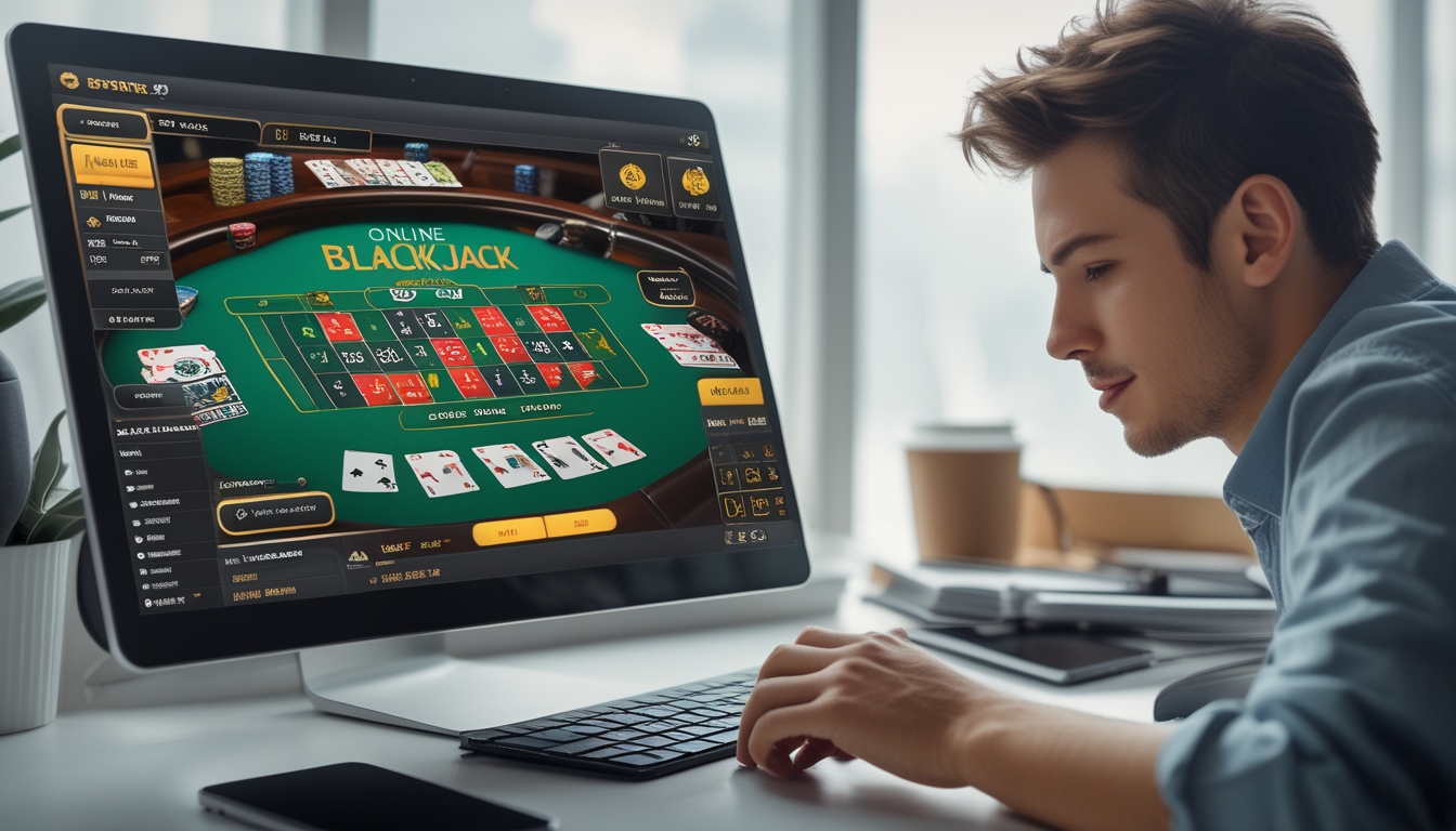 Seorang pemain muda yang fokus sedang bermain blackjack online di depan komputer dengan kartu dan chip terlihat di layar, di ruangan yang terang dan rapi.