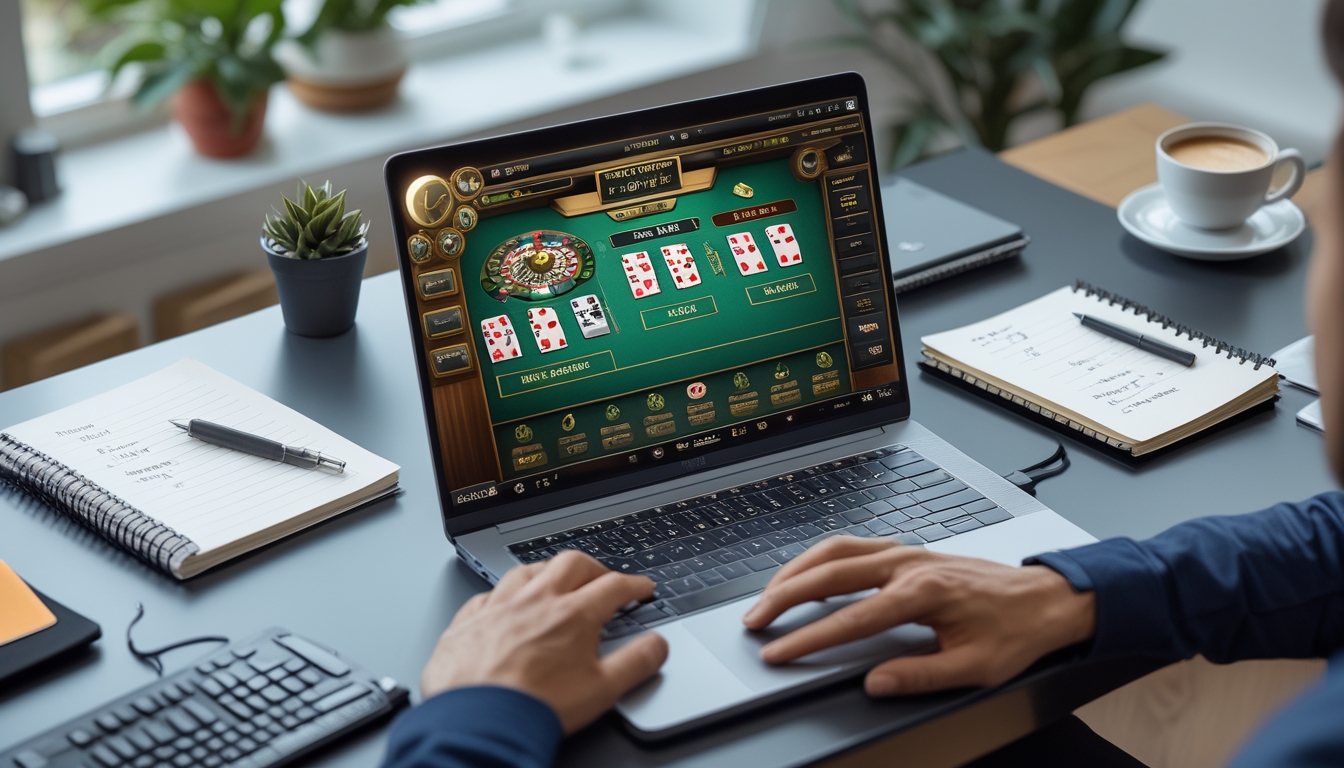 Seseorang sedang bermain blackjack online di komputer dengan kartu dan chip di layar, di meja terdapat catatan strategi dan secangkir kopi.