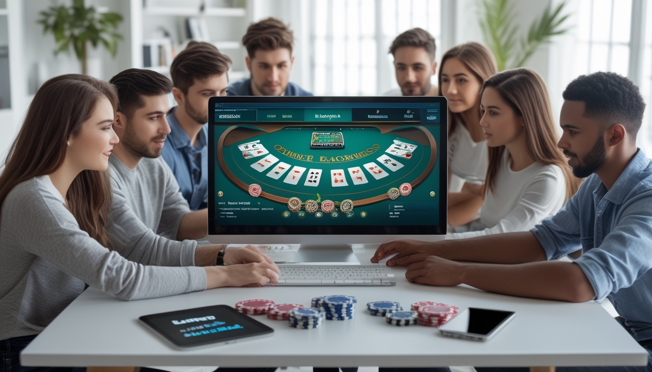 Beberapa orang muda bermain blackjack online di depan layar komputer dengan kartu dan chip di atas meja.