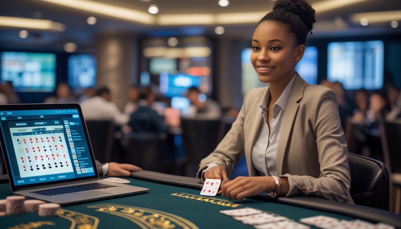 Seorang wanita muda duduk di meja blackjack dengan laptop menampilkan permainan blackjack online, terlihat fokus dan percaya diri.