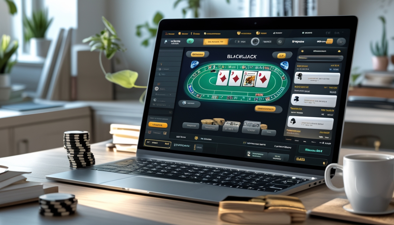 Seorang pemain sedang bermain blackjack online di komputer dengan chip poker di meja dan suasana ruang kerja yang rapi.