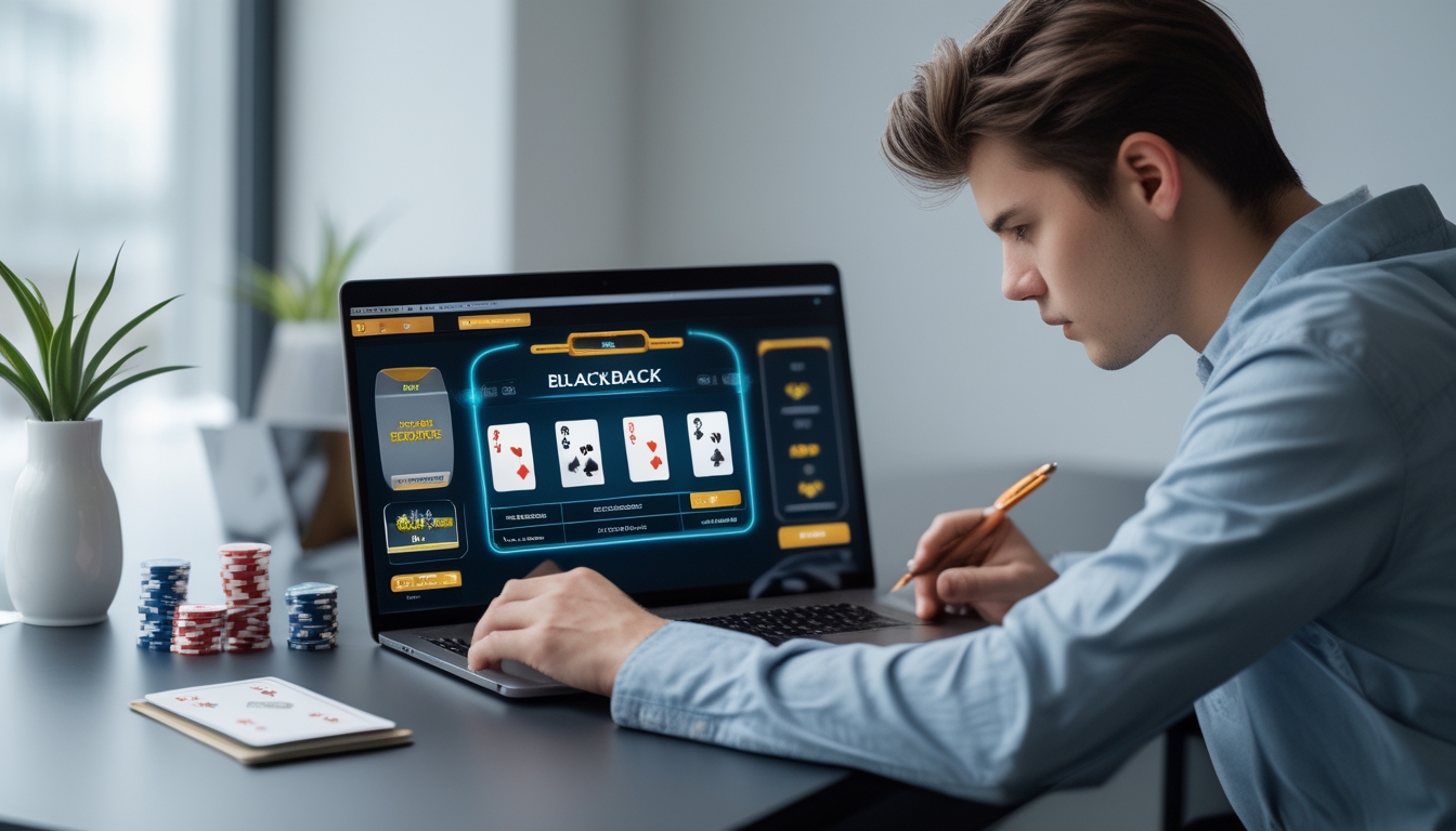 Seorang dewasa muda fokus bermain blackjack online di depan laptop dengan kartu dan chip poker di meja.