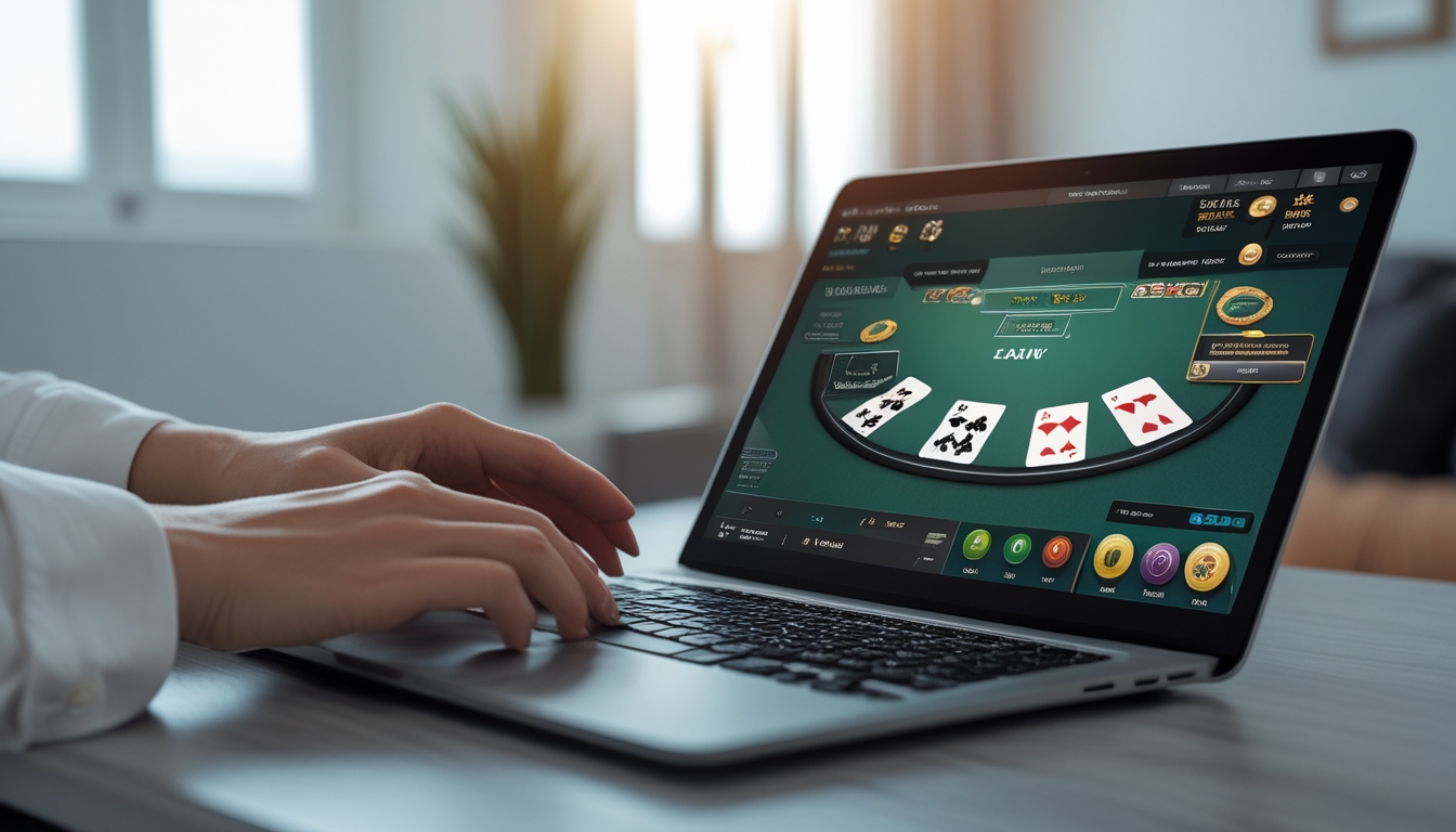 Seorang pemain sedang menggunakan laptop untuk bermain blackjack online di lingkungan rumah yang nyaman.