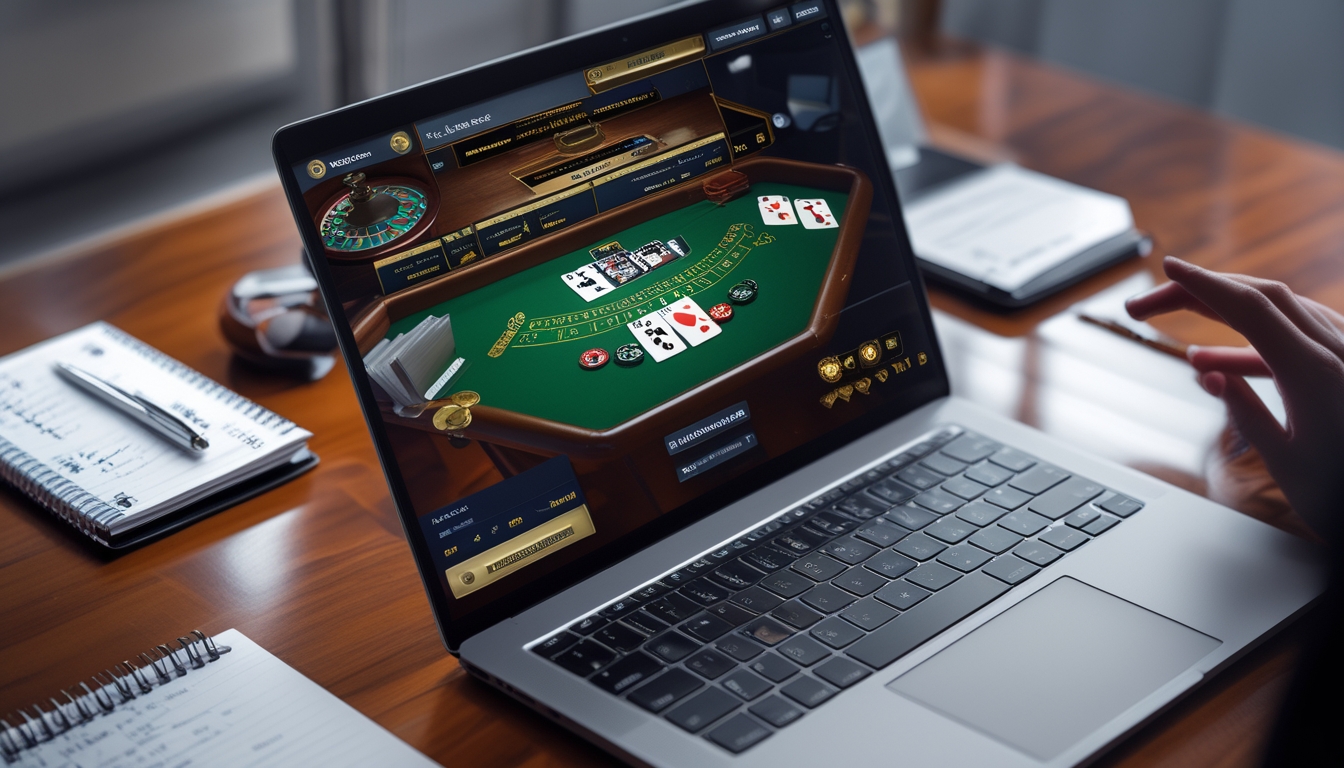 Seorang pemain blackjack online menggunakan laptop dengan meja blackjack digital dan chip di layar, di atas meja kayu dengan catatan dan ponsel di sekitarnya.