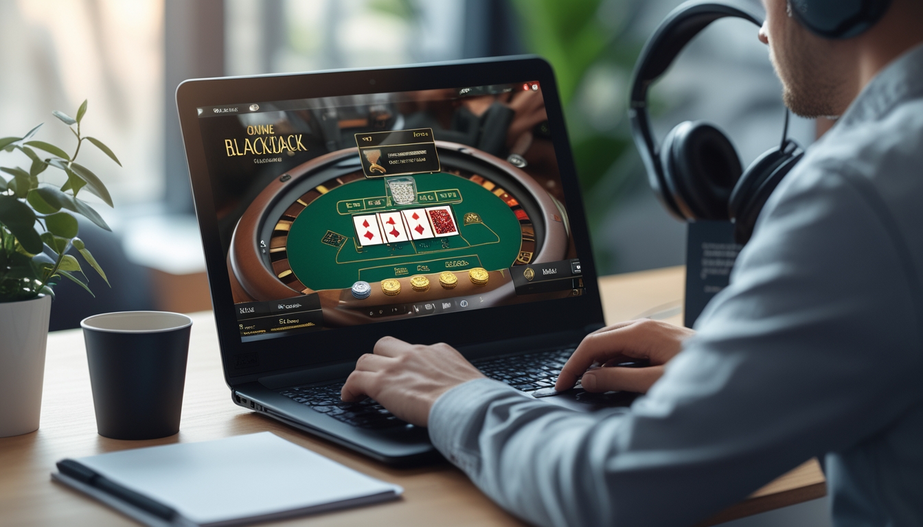 Seorang pemain fokus bermain blackjack online di depan layar komputer dengan kartu dan chip terlihat jelas.