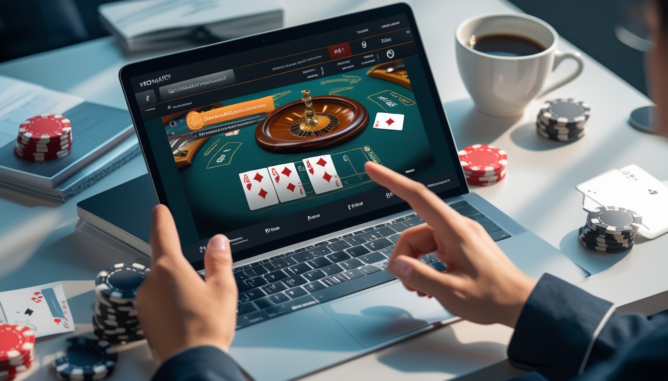 Seseorang menggunakan laptop untuk belajar bermain blackjack online dengan kartu dan chip poker di meja.