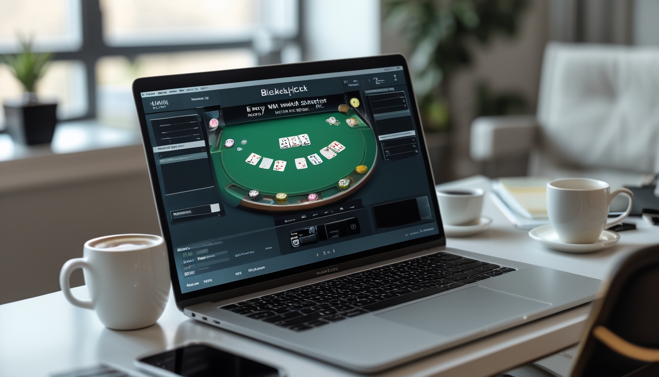 Seorang pemain menggunakan laptop di meja kerja yang rapi dengan tampilan permainan blackjack online di layar.