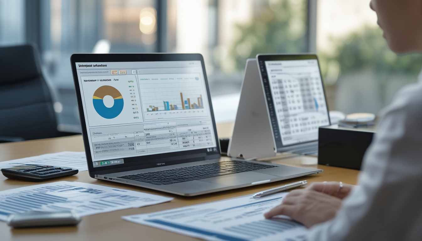 Meja kerja dengan laptop yang menampilkan grafik dan data angka, dikelilingi oleh kertas dan alat tulis, di ruang kantor yang terang.