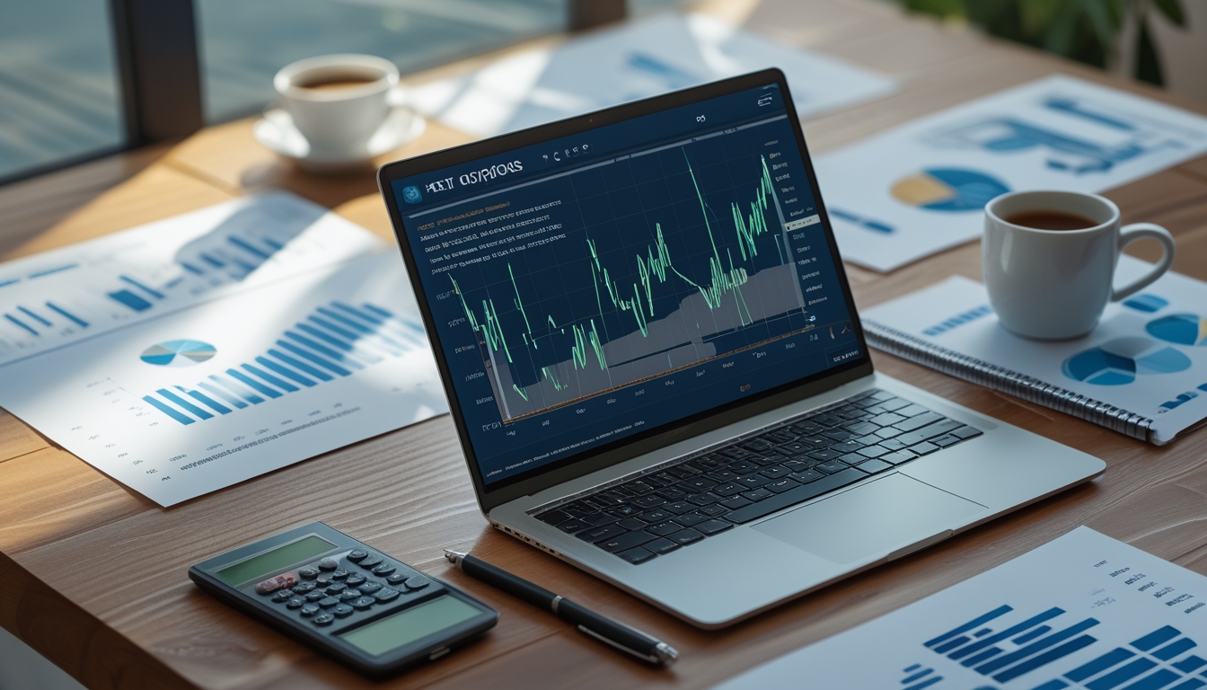 Meja kerja dengan laptop yang menampilkan grafik dan data statistik, kertas dengan tabel angka, kalkulator, dan pena.